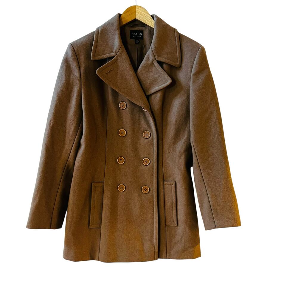 Halston Studio Wool Blend Double Breasted Jacket Size 10 Brown - Picture 2 of 8